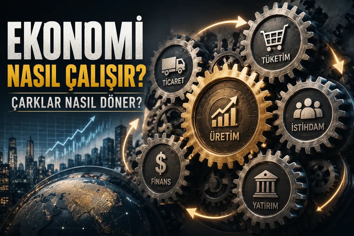 Koyu arka plan üzerinde altın renkli grafik çizgisi ve Ekonomi Nasıl Çalışır yazılı manşet tasarımı