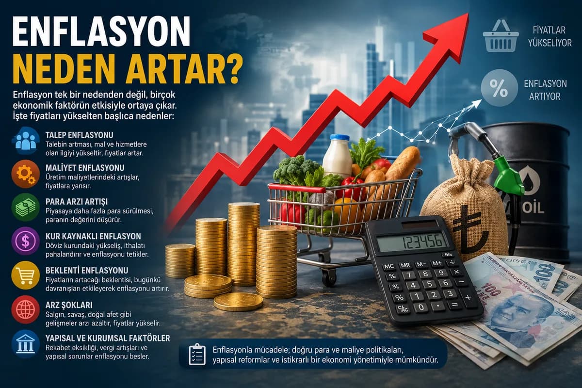 Enflasyonu etkileyen faktörleri gösteren infografik. Talep enflasyonu, maliyet artışları, döviz kuru, para arzı, beklenti enflasyonu ve arz şoklarının fiyatlar üzerindeki etkileri görselleştiriliyor.