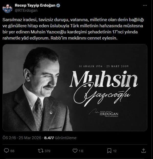 Cumhurbaşkanı Erdoğan, Muhsin Yazıcıoğlu’nu Rahmetle Andı