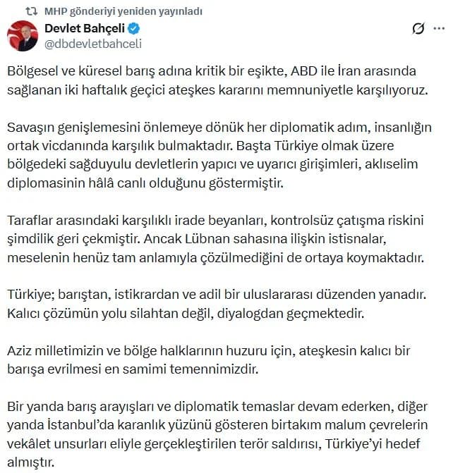 Bahçeli’den Ateşkes Kararına Destek: Barış Arayışları Önemli