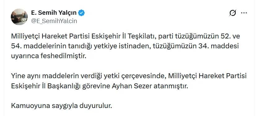 MHP’de Eskişehir İl Teşkilatı Feshedildi, Yeni Başkan Atandı