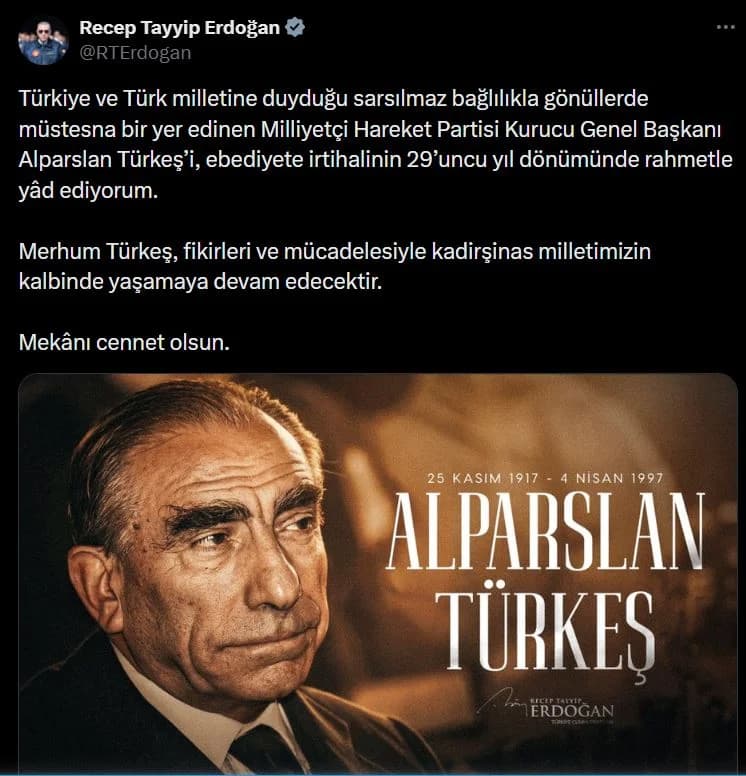 Cumhurbaşkanı Erdoğan’dan Alparslan Türkeş’e Anma Mesajı