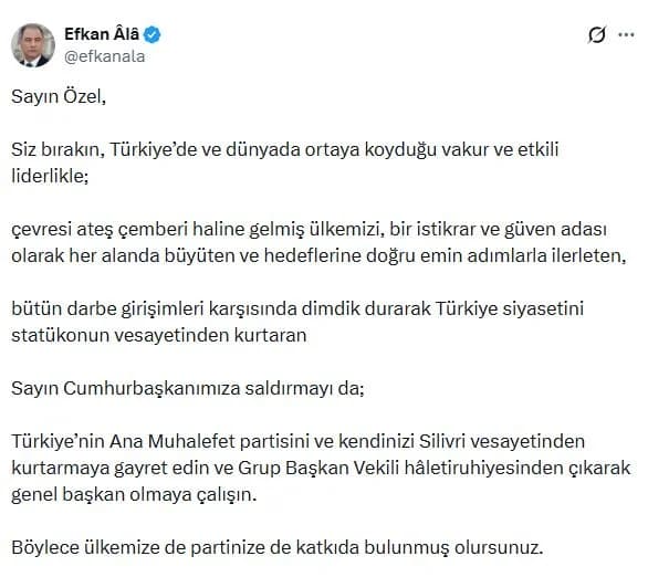 AK Parti Genel Başkan Vekili Ala’dan Sert mesaj: Sayın Özel, Silivri vesayetinden kurtulun!