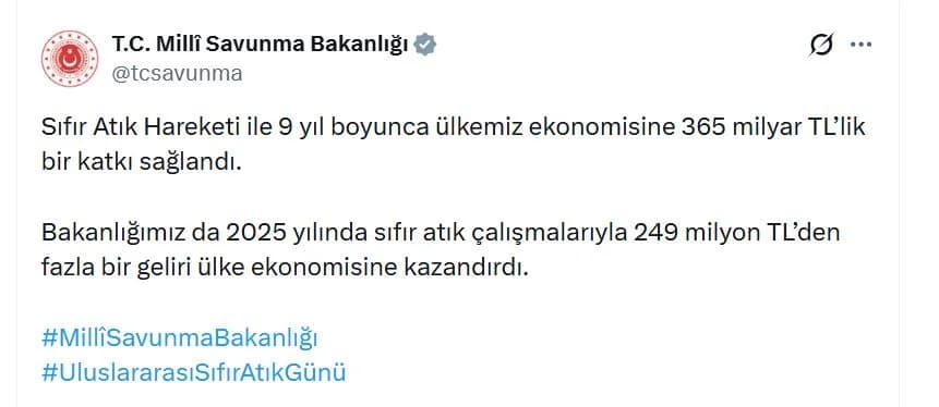 MSB’nin ‘Sıfır Atık’ Projesi, Ekonomiye 249 Milyon TL Kazandırdı