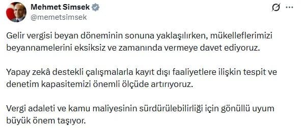 Bakan Şimşek’ten Mükelleflere Önemli Çağrı