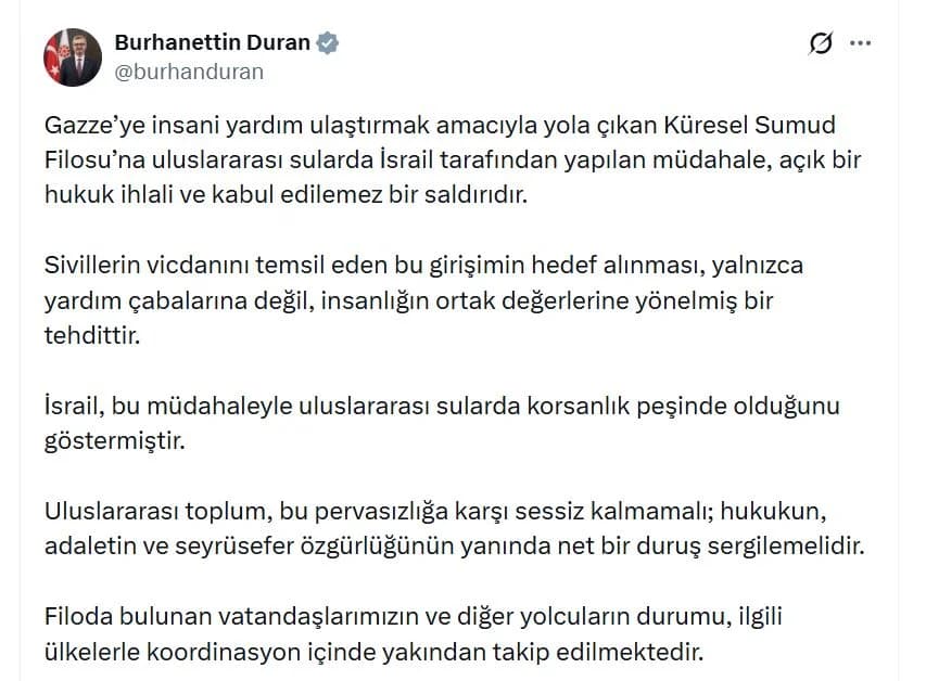 İletişim Başkanı Duran’dan Sert Tepki: İsrail’in Sumud Filosu Müdahalesi Hukuk İhlali