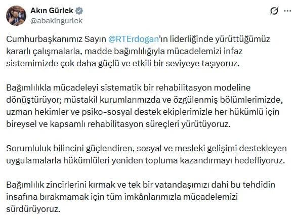 Adalet Bakanı Gürlek: Bağımlılıkla Mücadele Rehabilitasyonla Güçleniyor