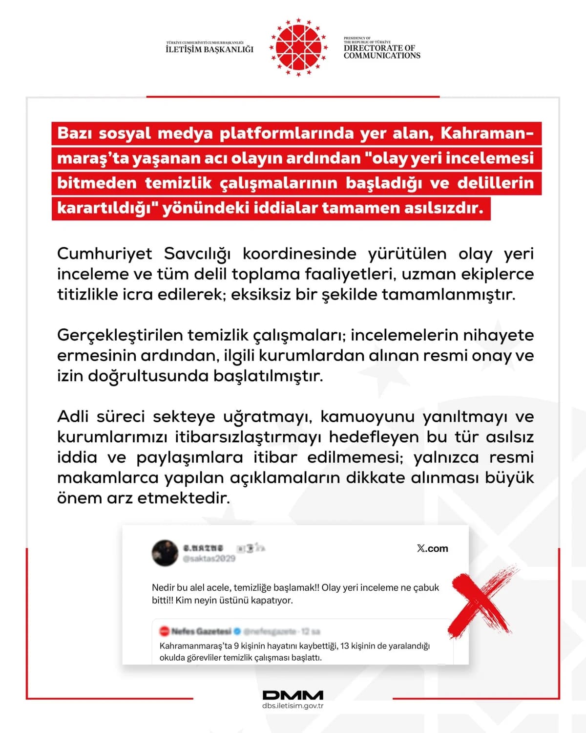 DMM’den Kahramanmaraş Olayı Açıklaması: Temizlik Çalışmaları İddiası Asılsız