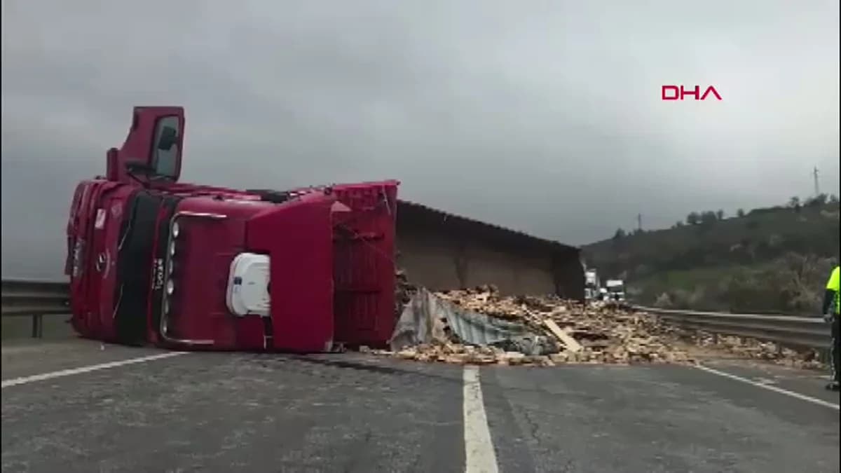Bursa’da Devrilen Ahşap Yüklü TIR Şoförü Yaralandı