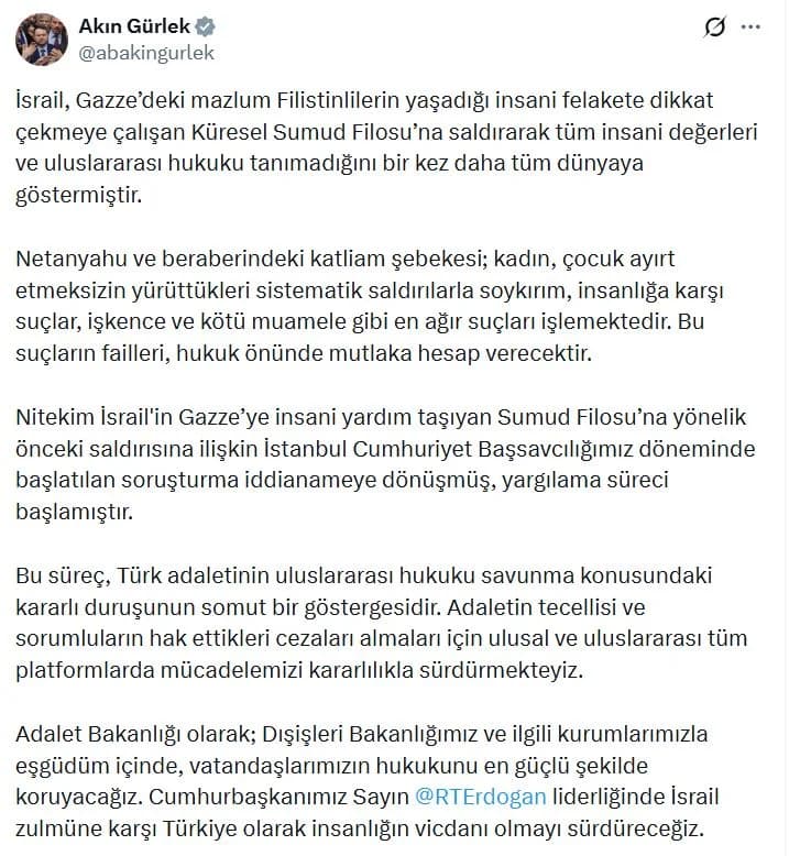 Adalet Bakanı Gürlek’ten Sert Tepki: İsrail Hukuk Tanımadığını Bir Kez Daha Kanıtladı
