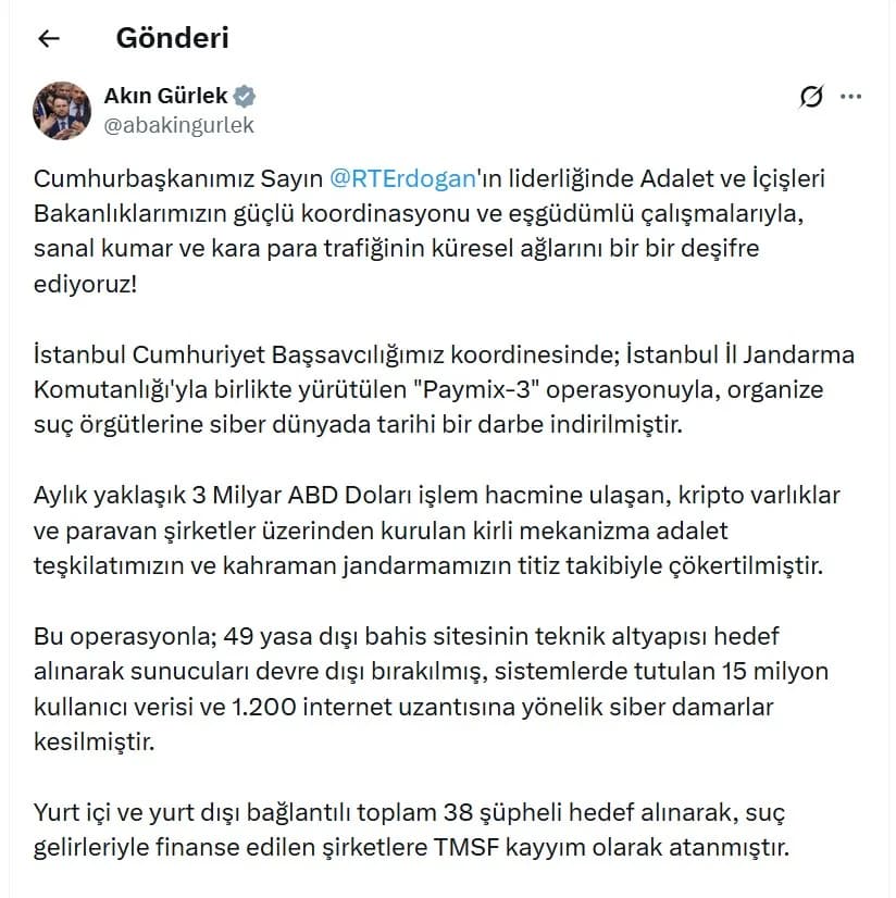 Adalet Bakanı Gürlek’ten Müjde: ‘Paymix-3’ Operasyonuyla Suç Örgütlerine Tarihi Darbe!