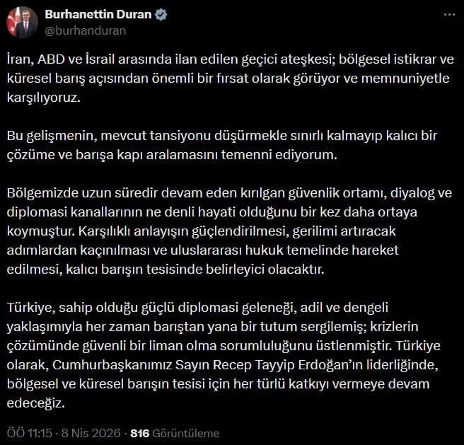 Türkiye Geçici Ateşkesi Memnuniyetle Karşılıyor