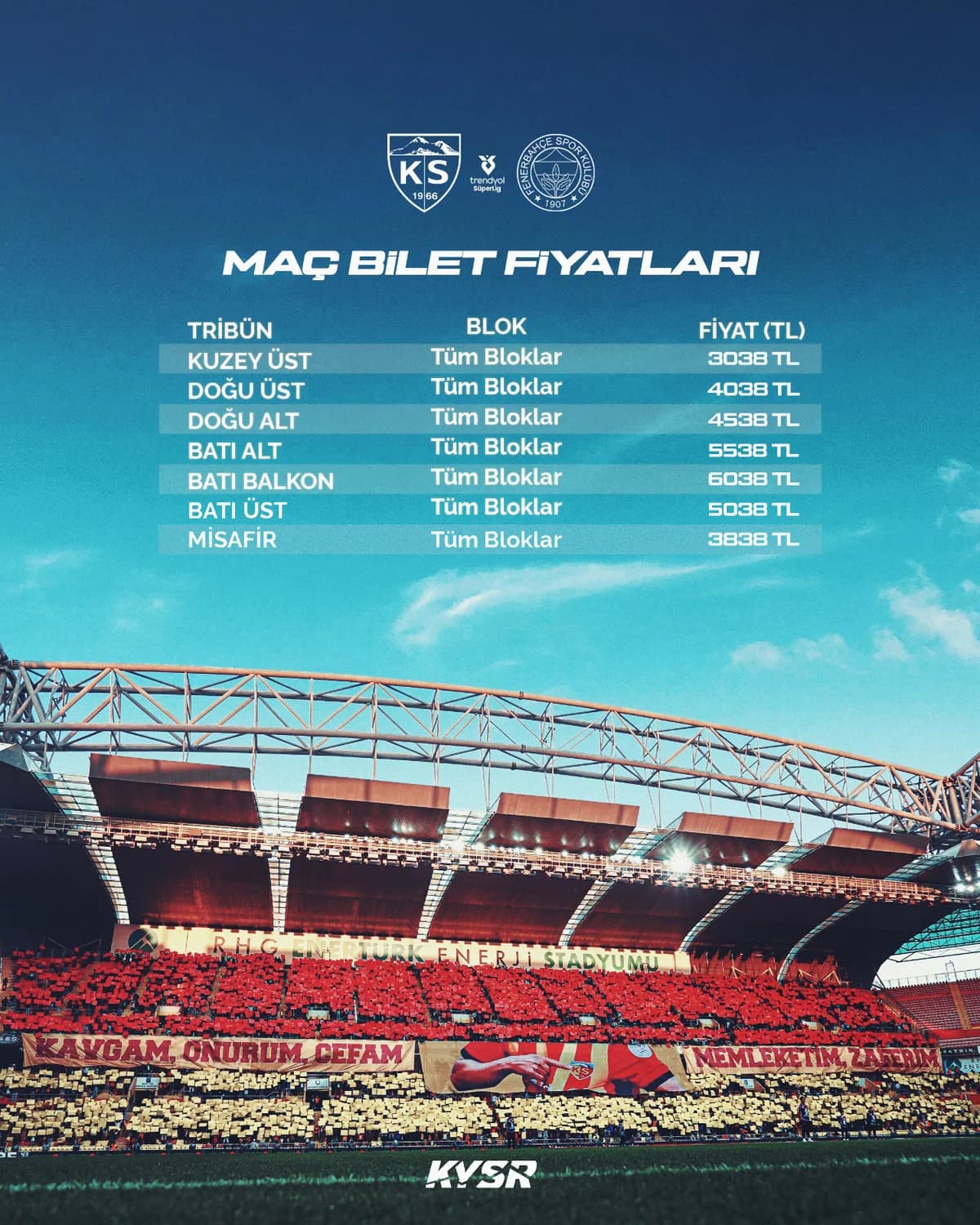 Kayserispor-Fenerbahçe Maçının Bilet Fiyatları Açıklandı