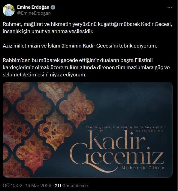 Emine Erdoğan’dan Kadir Gecesi’ne Özel Kutlama