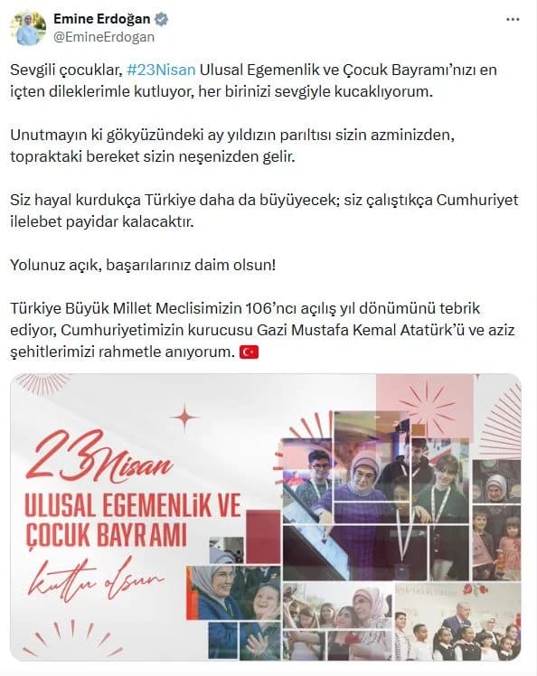 Emine Erdoğan’dan 23 Nisan Mesajı: ‘Ay Yıldızın Parıltısı Sizin Azminizden Gelir’