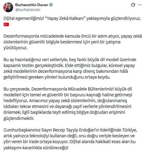 İletişim Başkanı Burhanettin Duran’dan Yapay Zeka Açıklaması