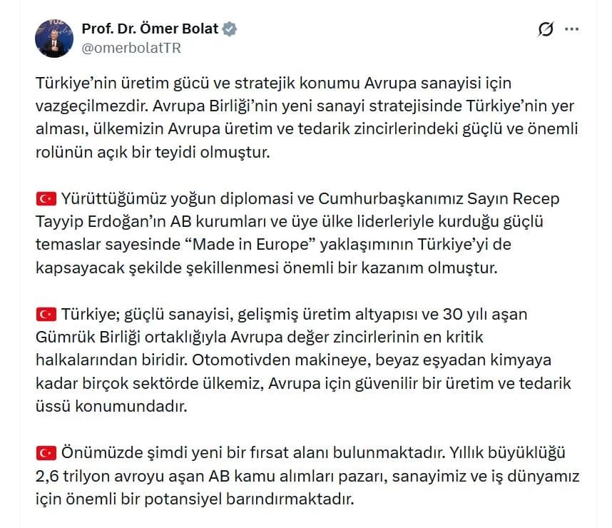 Bakan Bolat’tan ‘Made in Europe’ Açıklaması: Türkiye’nin Rolü Kritik