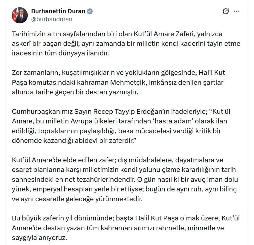 İletişim Başkanı Duran’dan Kut’ül Amare Zaferi Vurgusu: ‘Milletin Kaderini Tayin İradesinin İlanı’