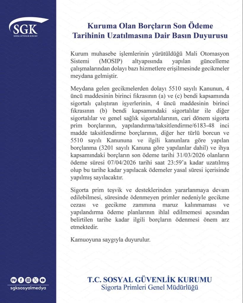 SGK’dan Borçlara Ek Süre: Son Ödeme Tarihi Uzatıldı