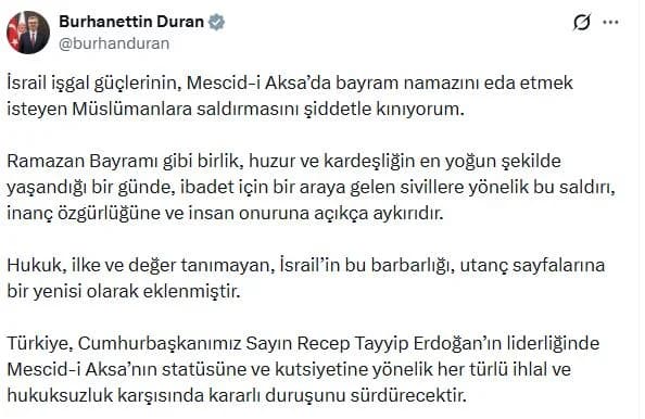 İletişim Başkanı Duran’dan İsrail’e Sert Tepki: Mescid-i Aksa’ya Yönelik Saldırıyı Kınıyorum
