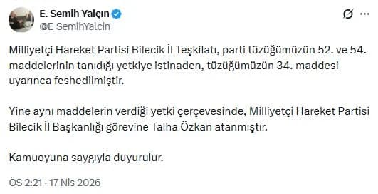 MHP Bilecik İl Teşkilatı Feshedildi