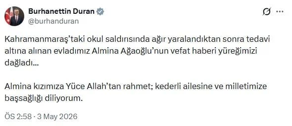 İletişim Başkanı Duran’dan Kahramanmaraş’ta Vefat Eden Almina İçin Duygusal Başsağlığı Mesajı