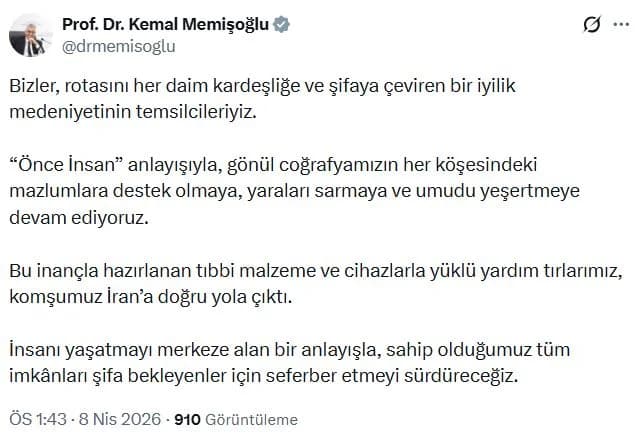 Bakan Memişoğlu: Tıbbi Yardım Yüklü TIR’larımız İran’a Hareket Etti