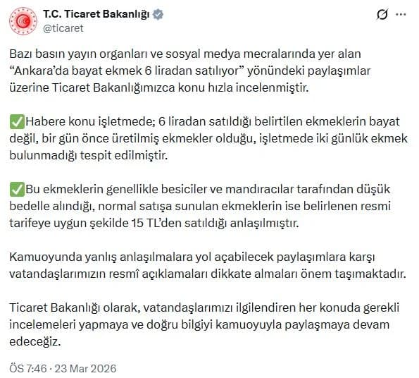Ticaret Bakanlığı’ndan Bayat Ekmek İddialarına Yanıt