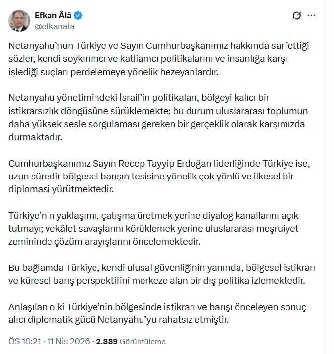 Efkan Ala’dan Netanyahu’ya Sert Yanıt