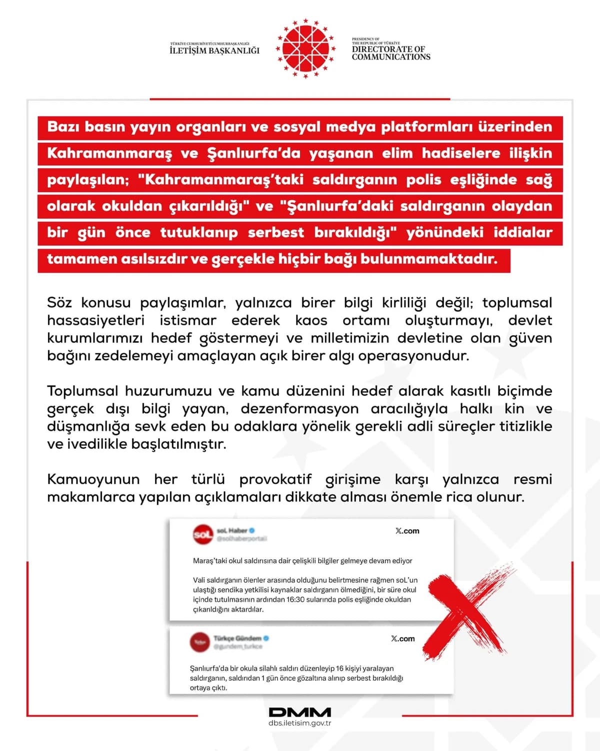 DMM’den Kahramanmaraş ve Şanlıurfa’daki Okul Saldırılarına Dair Dezenformasyon Uyarısı