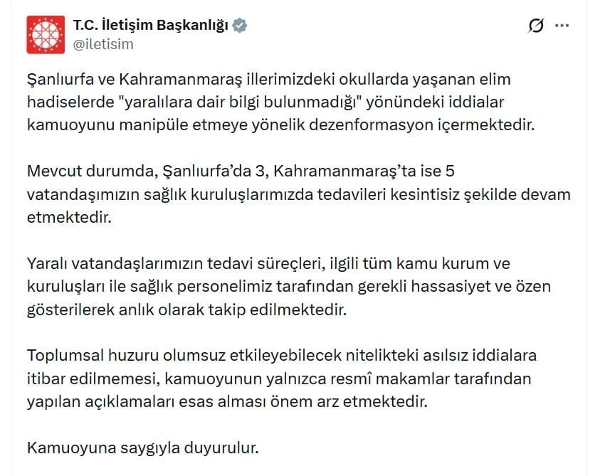 İletişim Başkanlığı’ndan Açıklama: Şanlıurfa ve Kahramanmaraş’taki Yaralıların Durumu