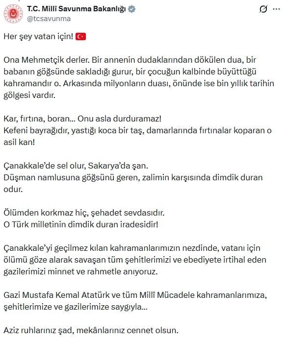 Milli Savunma Bakanlığı’ndan Çanakkale Zaferi Paylaşımı