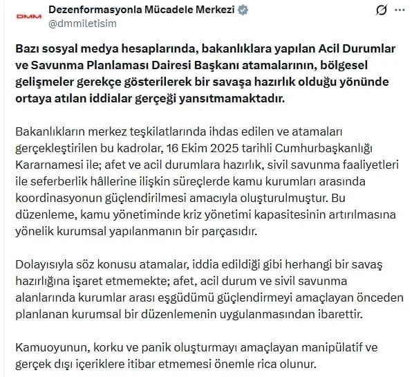 DMM’den Savaşa Hazırlık İddialarına Cevap