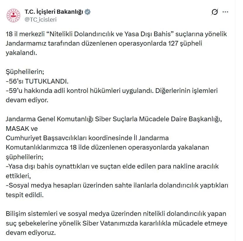 18 İlde Nitelikli Dolandırıcılık ve Yasa Dışı Bahis Operasyonu: 56 Şüpheli Tutuklandı