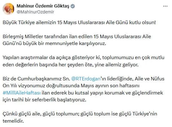 Bakan Göktaş’tan Uluslararası Aile Günü Mesajı: Güçlü Aile, Güçlü Türkiye’nin Temelidir