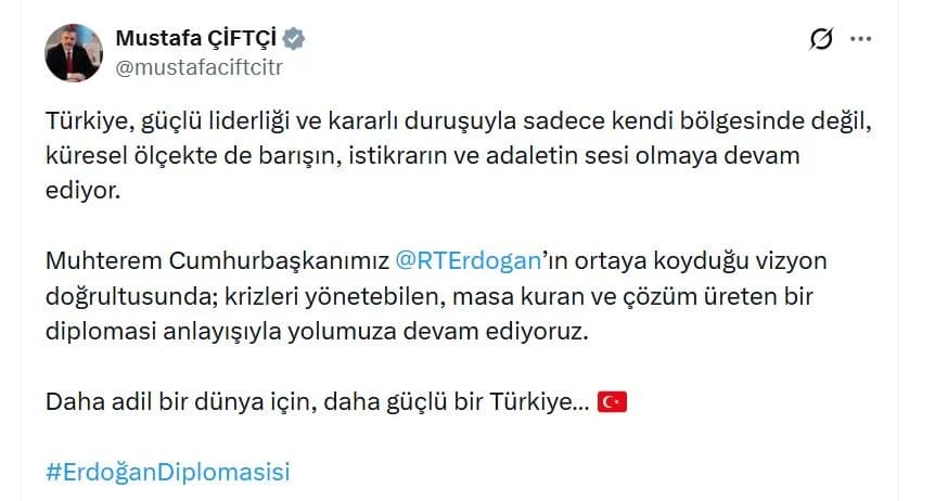 Bakan Çiftçi: Türkiye, Barışın ve Adaletin Sesi Olmaya Devam Ediyor