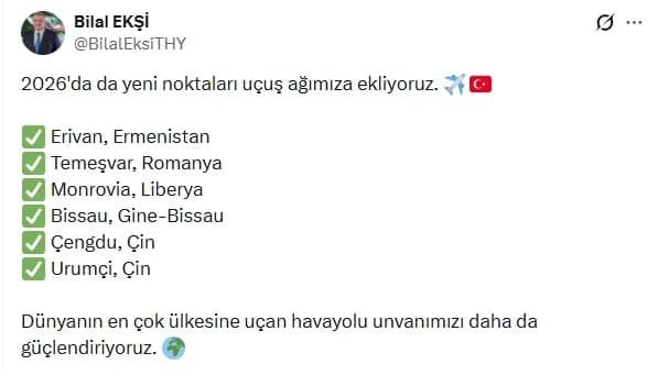 Türk Hava Yolları’ndan 2026’da 6 Yeni Uçuş Noktası Müjdesi