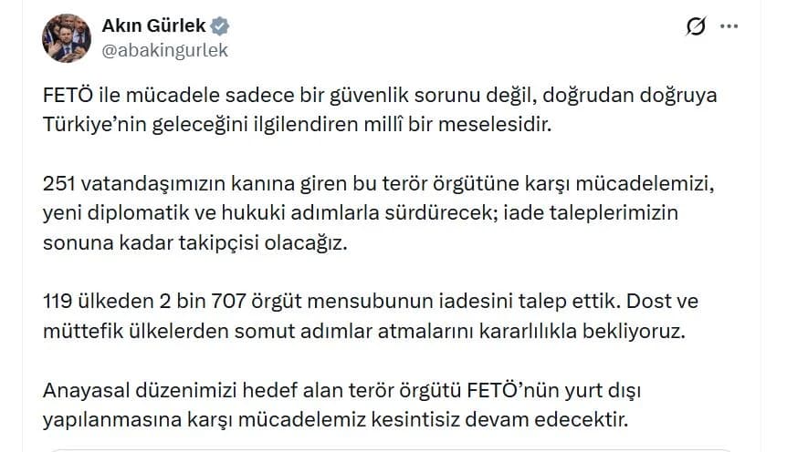 Bakan Gürlek: 2.707 FETÖ Mensubunun İadesini Talep Ettik