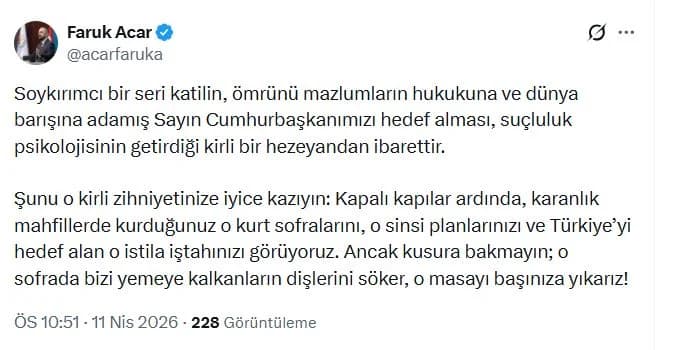 Faruk Acar’dan Sert Tepki: Cumhurbaşkanımıza Yönelik Saldırı Kirli bir Hezeyan