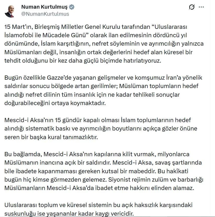 TBMM Başkanı Kurtulmuş: Mescid-i Aksa’ya Yapılan Saldırı Yanıtsız Kalmamalı