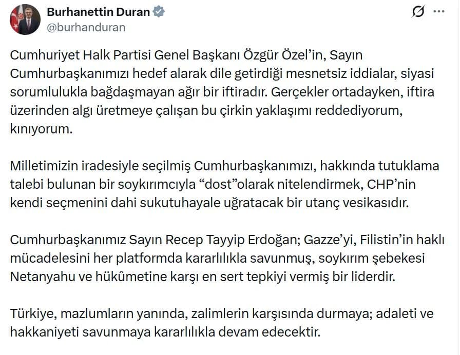 İletişim Başkanı Duran: Cumhurbaşkanımızı bir soykırımcıyla ‘dost’ olarak nitelendirmek, utanç vericidir