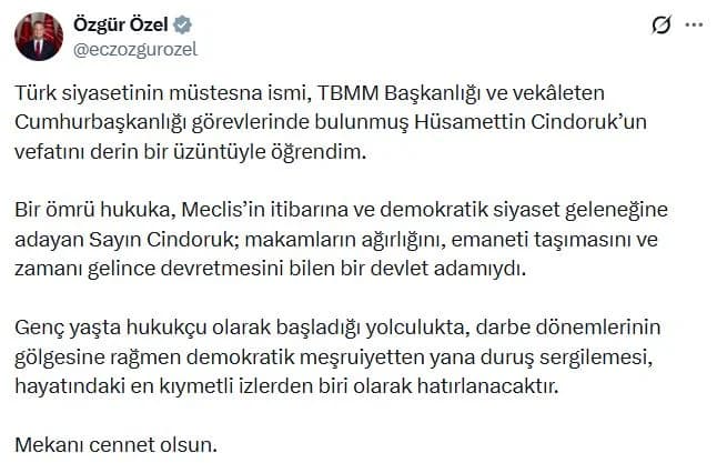 Siyaset Dünyasından Hüsamettin Cindoruk İçin Taziye Mesajları