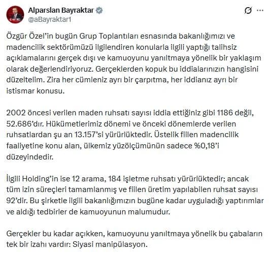 Bakan Bayraktar’dan Özgür Özel’e Sert Yanıt: ‘Talihsiz Açıklamalar Gerçek Dışı’