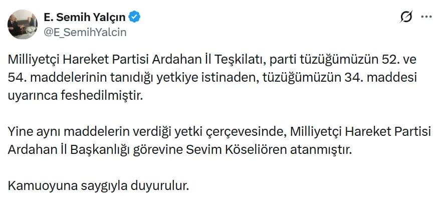 MHP Ardahan İl Teşkilatı Feshedildi