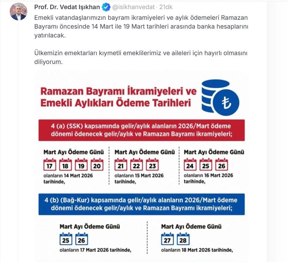 Emeklilerin Bayram İkramiye ve Aylıkları Mart’ta Hesaplarda