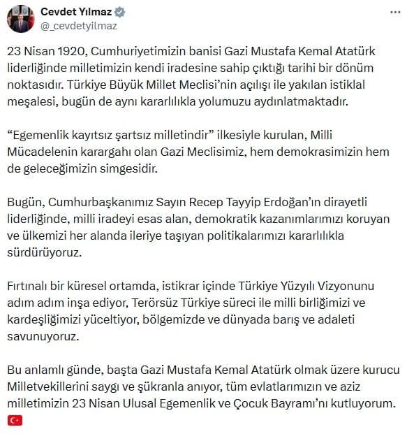 Cevdet Yılmaz’dan 23 Nisan Mesajı: ‘Egemenlik Kayıtsız Şartsız Milletindir’