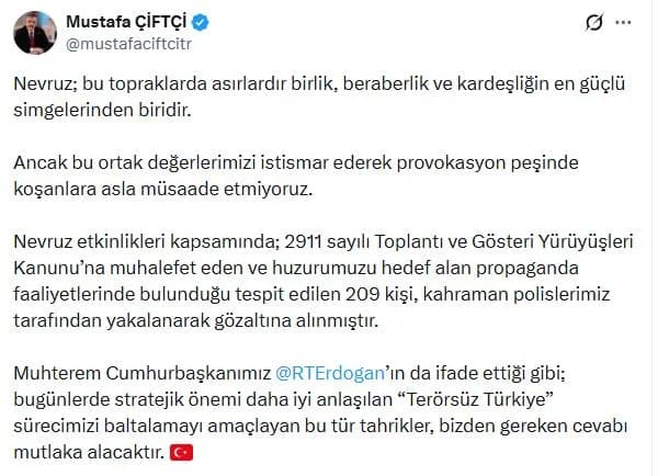 Nevruz Bayramı’nda Terör Propagandası Yapan 209 Şüpheli Gözaltına Alındı