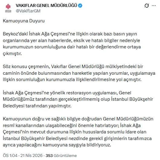 İshak Ağa Çeşmesi Restorasyonu: Vakıflar Genel Müdürlüğü’nden Açıklama
