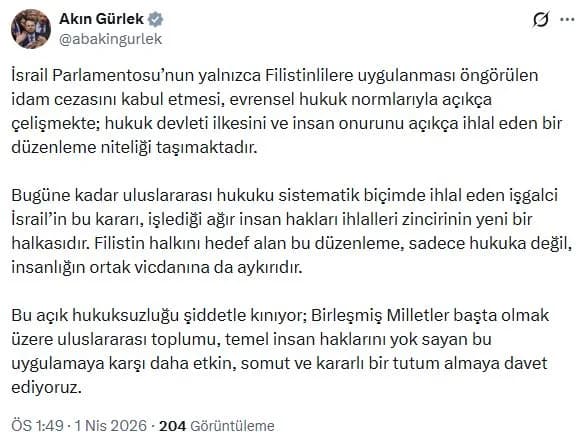 Bakan Gürlek: Filistinlilere Uygulanan İdam Cezası Evrensel Hukuka Aykırıdır