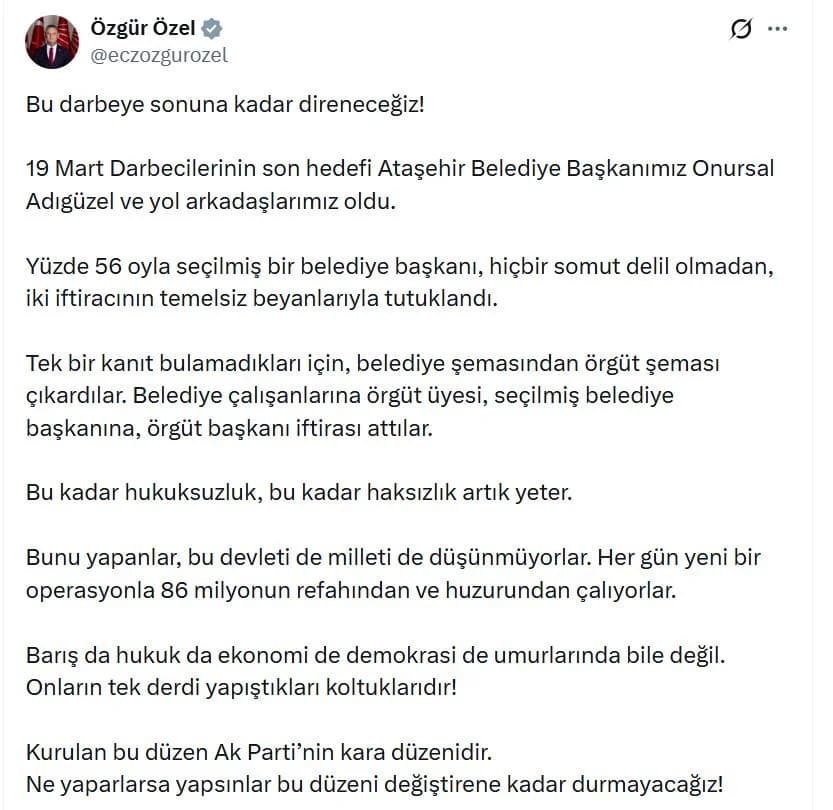 CHP’den Ataşehir Belediye Başkanı Tutuklamasına Sert Tepki: ‘Bu Düzeni Değiştirene Kadar Durmayacağız’